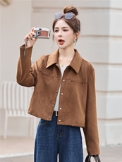 美拉德咖色麂皮绒短外套女2025秋季新款时尚翻领百搭显瘦夹克上衣，女装短外套，丽影随形