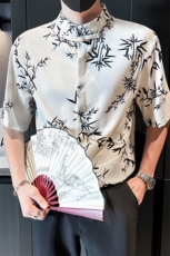 抖音夏季新中式风立领竹叶短袖衬衫男冰丝衬衣A236-0830-P50，男装衬衫，电商A236