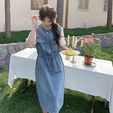 时尚显瘦夏季牛仔连衣裙中长款女清新减龄无袖刺绣设计百搭休闲风，女装连衣裙，秋水欣儿