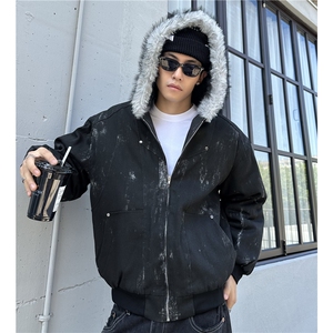 美式座山雕扎染纯色毛毛连帽拉链棉服加厚宽松外套 m1668-p98图片