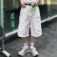 街头白色做旧工装水洗牛仔短裤男女夏款小众多口袋宽松直筒七分裤，男装牛仔裤，星座505-2（原电商A260-1)