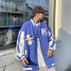 克莱因蓝棒球服男拼接pu皮夹克外套潮流上衣JK0311-P70，男装夹克，星座308B-1