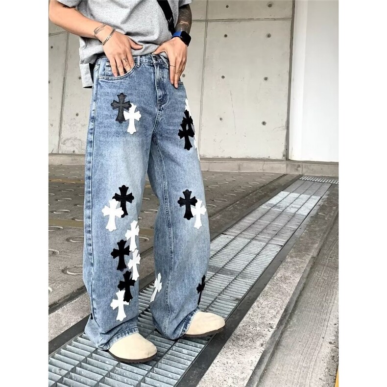 潮流文艺百搭蓝色皮标十字架牛仔裤慵懒ins流行时尚新款日系原宿,男装皮裤,星座1210-1