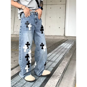 潮流文艺百搭蓝色皮标十字架牛仔裤慵懒ins流行时尚新款日系原宿