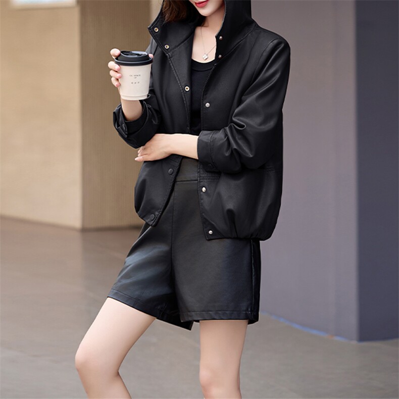 仿真皮皮衣女2024新款秋带帽休闲小个子海宁仿绵羊皮夹克外套短款,女装皮衣,江南女神