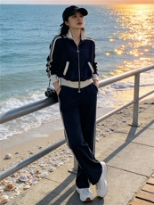 休闲运动套装女装春季新款蓝色短款外套上衣阔腿裤两件套洋气减龄，女装套装/套裙，江南