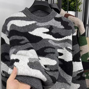 重工复古拼色波浪纹手工粗棒针圆领针织开衫外套毛衣上衣加厚图片