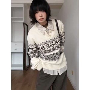 重磅秋冬装北极绒套头毛衣美式复古休闲慵懒风提花工艺针织衫外套图片