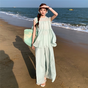 水衣源2729款纯色木耳边荷叶袖A字小衫阔腿裤冰爽套装女夏图片