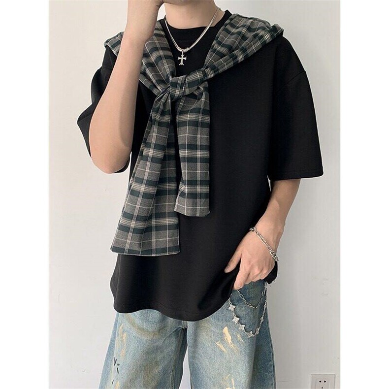 TXG28LL-特P50cleanfit美式复古拼接格子连帽短袖t恤高级感痞帅,男装T恤,星座1007（原301D）
