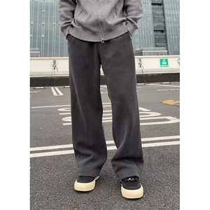 秋冬慵懒风斜条纹加绒阔腿休闲裤男潮牌宽松显瘦垂感拖地直筒长裤图片