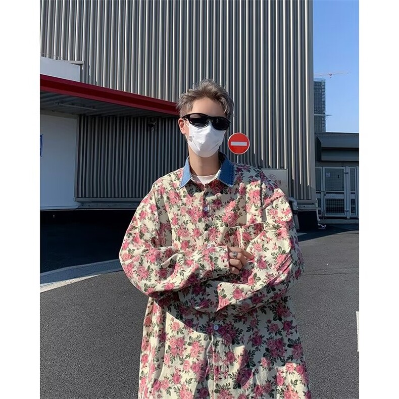 港风复古春款碎花衬衫长袖男粉色衣服休闲衬衣外套,男装衬衫,星座410-7