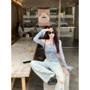 辣妹美式复古露肩长袖T恤女夏季不规则修身性感防晒网纱罩衫上衣图片