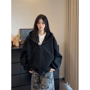 抖音得物高品质 26春装美式高街铆钉杜宾犬耳朵开衫卫衣外套W125图片