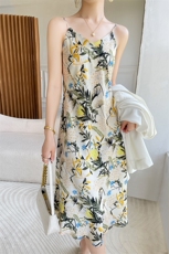 法式碎花吊带裙子女度假风印花醋酸缎面A字连衣裙垂感夏季真丝，女装连衣裙，朝贺羊绒