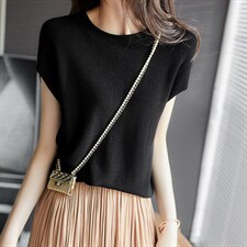 丝光棉圆领上衣小衫藏肉落肩针织套衫，女装针织衫/毛衣，美吧服饰