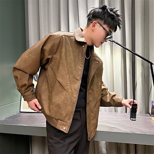 AF200/P108控148秋季社会小伙高级翻领设计感PU外套夹克外套男图图片