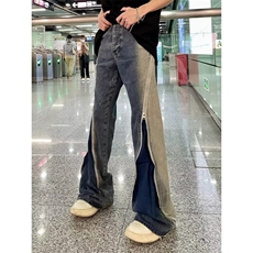 DK8044-P65美式水洗渐变蓝拉链宽松喇叭堆积拖地牛仔裤-网图现货，男装牛仔裤，星座603-2