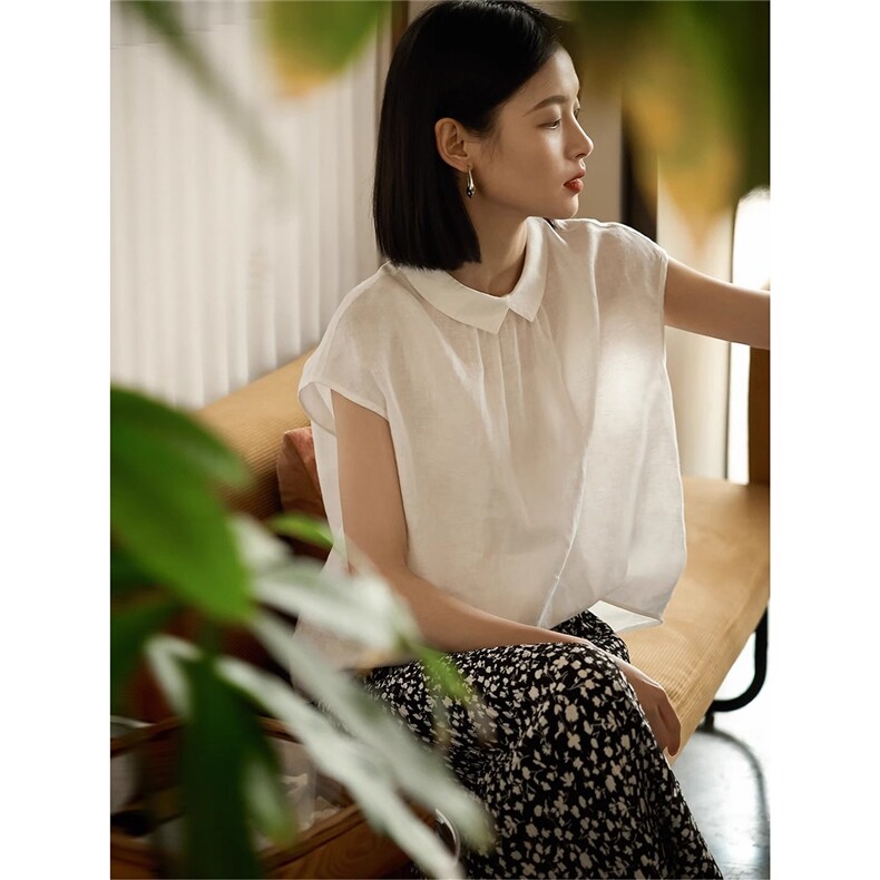 双穿·翻翻乐减龄娃娃领前后双穿无袖小上衣女夏，女装衬衫，梦白服饰厂