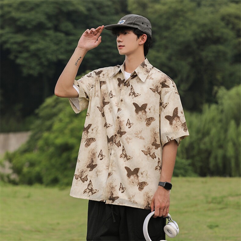 蝴蝶印花衬衫男士短袖韩版潮流帅气2024秋夏新款ins外套CY930-P30图片
