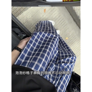 美式高街潮牌男女泡泡格子休闲裤直筒宽松慵懒显瘦阔腿休闲长裤子图片