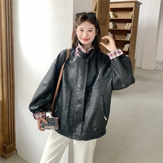 美式复古机车女孩皮衣女2026新款春季翻领宽松高级格纹撞色外套，女装皮衣，艾米莉亚