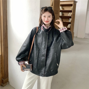 美式复古机车女孩皮衣女2026新款春季翻领宽松高级格纹撞色外套图片
