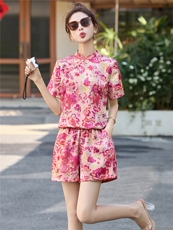 新中式印花连衣裙短裤套装女夏2025新款小个子国风旗袍裙子两件套，女装套装/套裙，贵人树