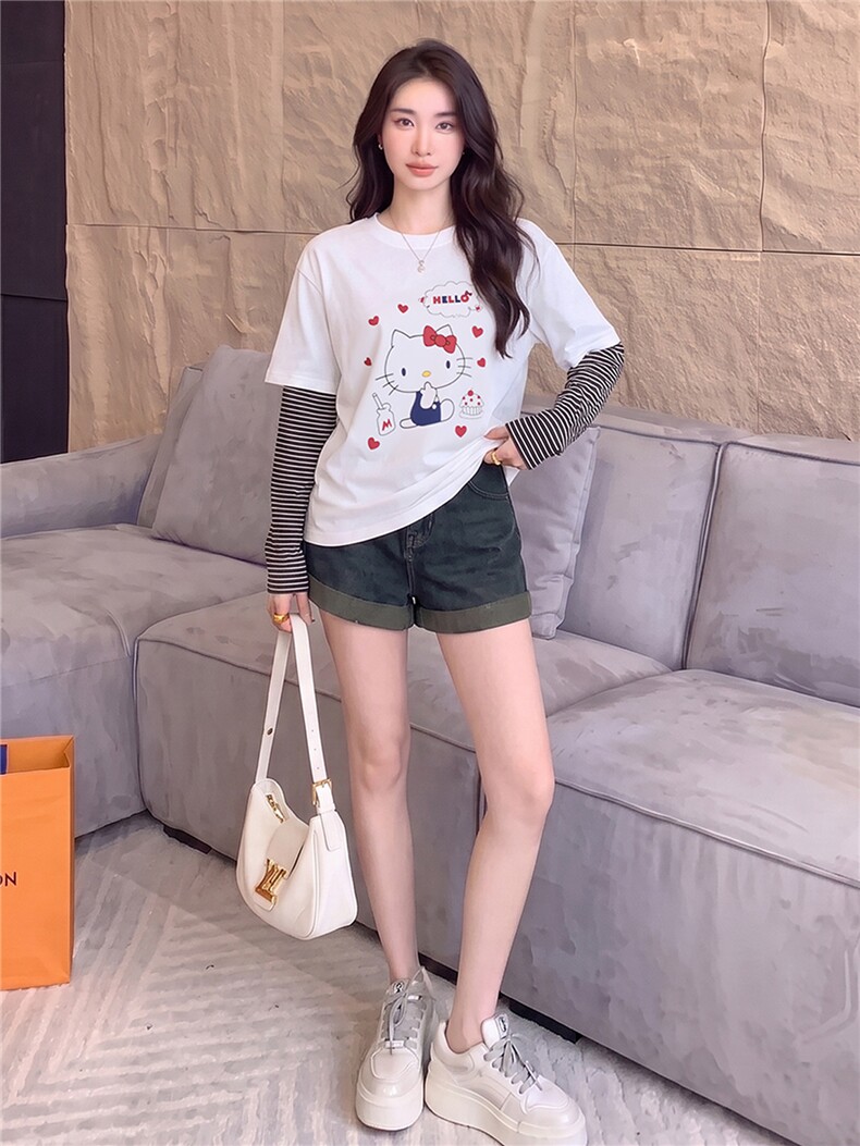 欧货俏皮减龄时尚套装夏季新款圆领卡通印花假两件上衣短裤两件套,女装套装/套裙,江南