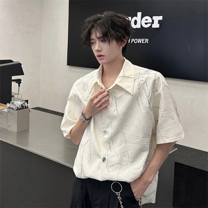 夏季新款短袖衬衫小众解构肌理感黑色裂纹韩版花衬衫打底T恤P50图片