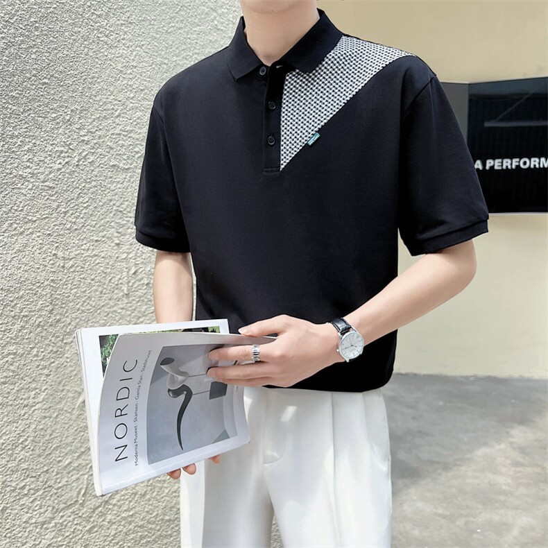 23男士翻领T恤polo衫千鸟格拼接短袖A210-PL201-P50,男装T恤,电商A210