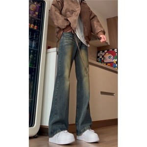 美式复古潮牌牛仔裤男女美式水洗显瘦直筒微喇裤S730 P37图片
