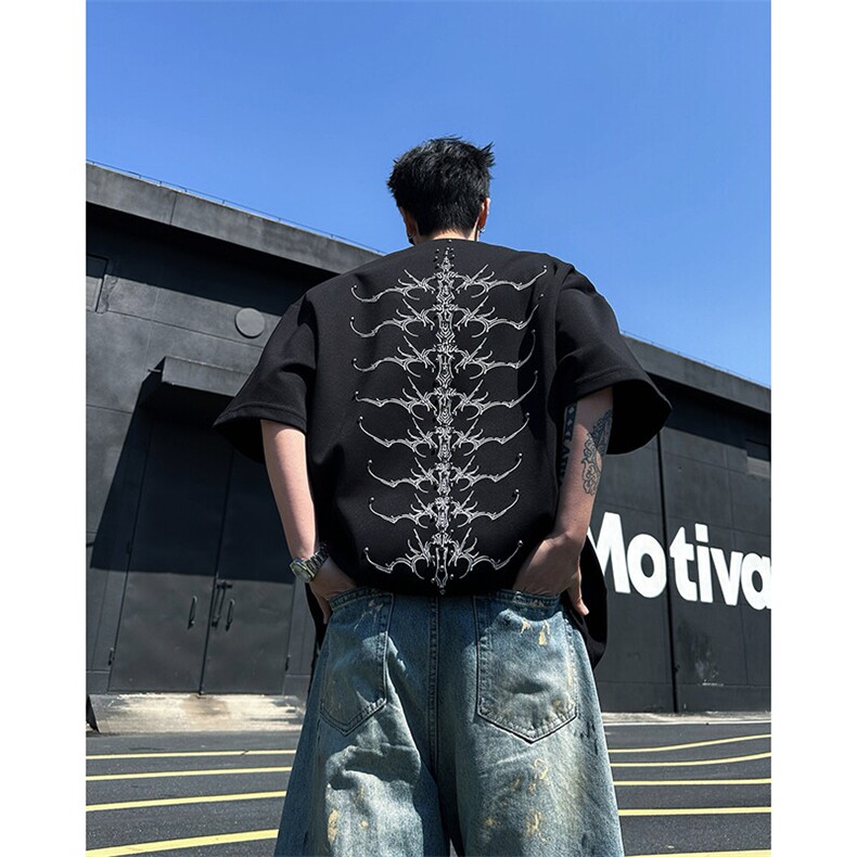 现货！高品质重工刺绣男士金属钉珠铆钉垫肩短袖T恤DX179-P78,男装T恤,电商B288