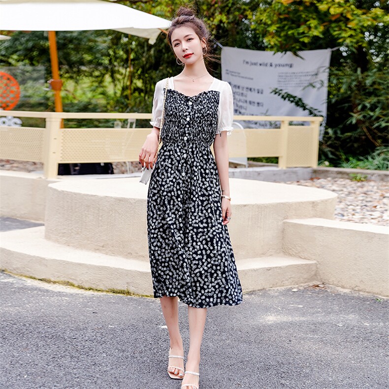 2023年夏季通勤时尚休闲方领花色连衣裙,女装连衣裙,韩蜜菓