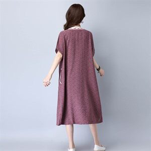 口袋 绣花 A型 中长款 短袖 2021年夏季 A字裙 常规 套头 宽松腰 V领 通勤 纯色 连衣裙 麻图片