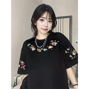 网图有货 美式卡通蜡笔小新刺绣短袖T恤男女情侣宽松上衣A512-P35图片