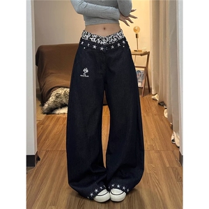 美式暗星漫游者豹纹双腰头牛仔裤裤子女款2026春季新款阔腿弯刀裤图片