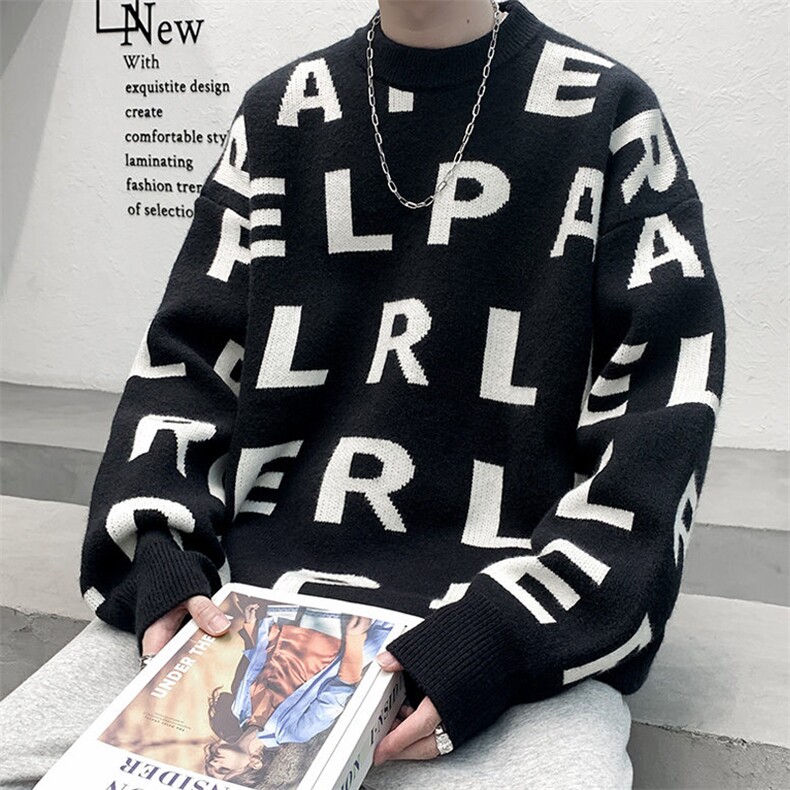 2025港风大码男装字母毛衣男女加肥加大码百搭圆领加厚针织衫图片