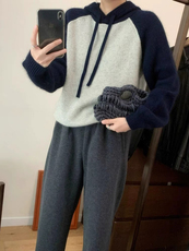 时尚百搭女士秋冬羊毛连帽衫羊毛简约休闲宽松显瘦毛衣，女装羊毛衫，千御纺羊绒