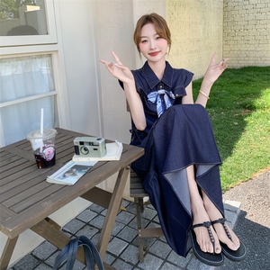 气质高级感穿搭无袖牛仔衬衫连衣裙女夏薄款好看工装长裙两件套装图片
