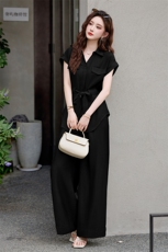 2025夏季新款韩版高级感时髦洋气系带翻领衬衫阔腿裤休闲两件套女，女装套装/套裙，鑫鑫美