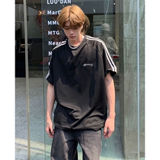 抖音得物高品质二开240克宽松纯棉美式潮牌三条杠织带短袖T恤，男装T恤，电商A486-1