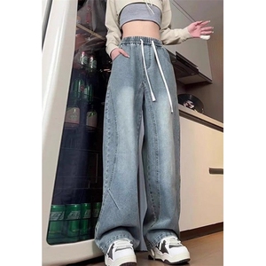 松紧腰抽绳牛仔裤男女款春秋水洗弯刀裤垂感直筒长裤 N2100图片