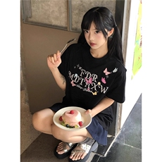 WASSUPSUN美式复古蝴蝶印花短袖t恤女夏季宽松设计感情侣男上衣，男装T恤，星座506A