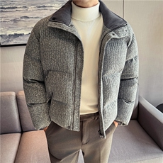 小香风编织呢料~肌理立领加厚保暖棉服男短款外套灰色M25105-P247，男装棉衣，电商A213
