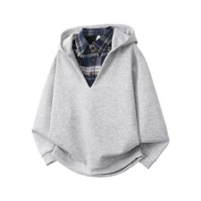 潮流美式复古假两件连帽卫衣男女春秋季新款韩系学院风衬衫领外套，男装衬衫，星座715-4