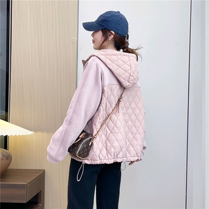2025冬装新款修身保暖时尚菱形格个性拼接女士棉服外套图片