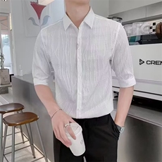 夏装冰丝设计感七分袖衬衫男装短袖寸衣服衬衣夏季薄款CY101，男装T恤，星座1116A-2（原606A-1）