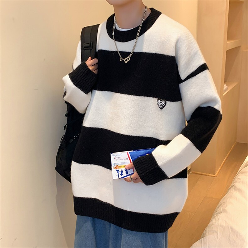 M3126-P80冬装新款潮流条纹百搭毛衣男女情侣宽松针织衫上衣外套,男装针织衫/毛衣,电商A009A（原A058A）