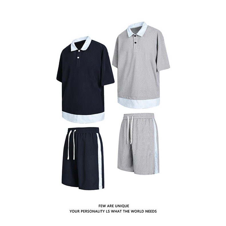 夏季新款抖音品质假两件短袖POLO衫潮牌休闲套装男-A2119TP50控78图片